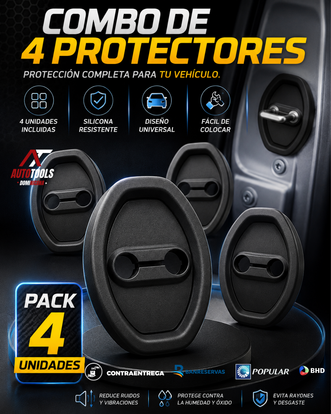Combo de 4 Protectores de Cerradura para Puertas de Auto | Silicona Resistente, Antigolpes y Antirrayones