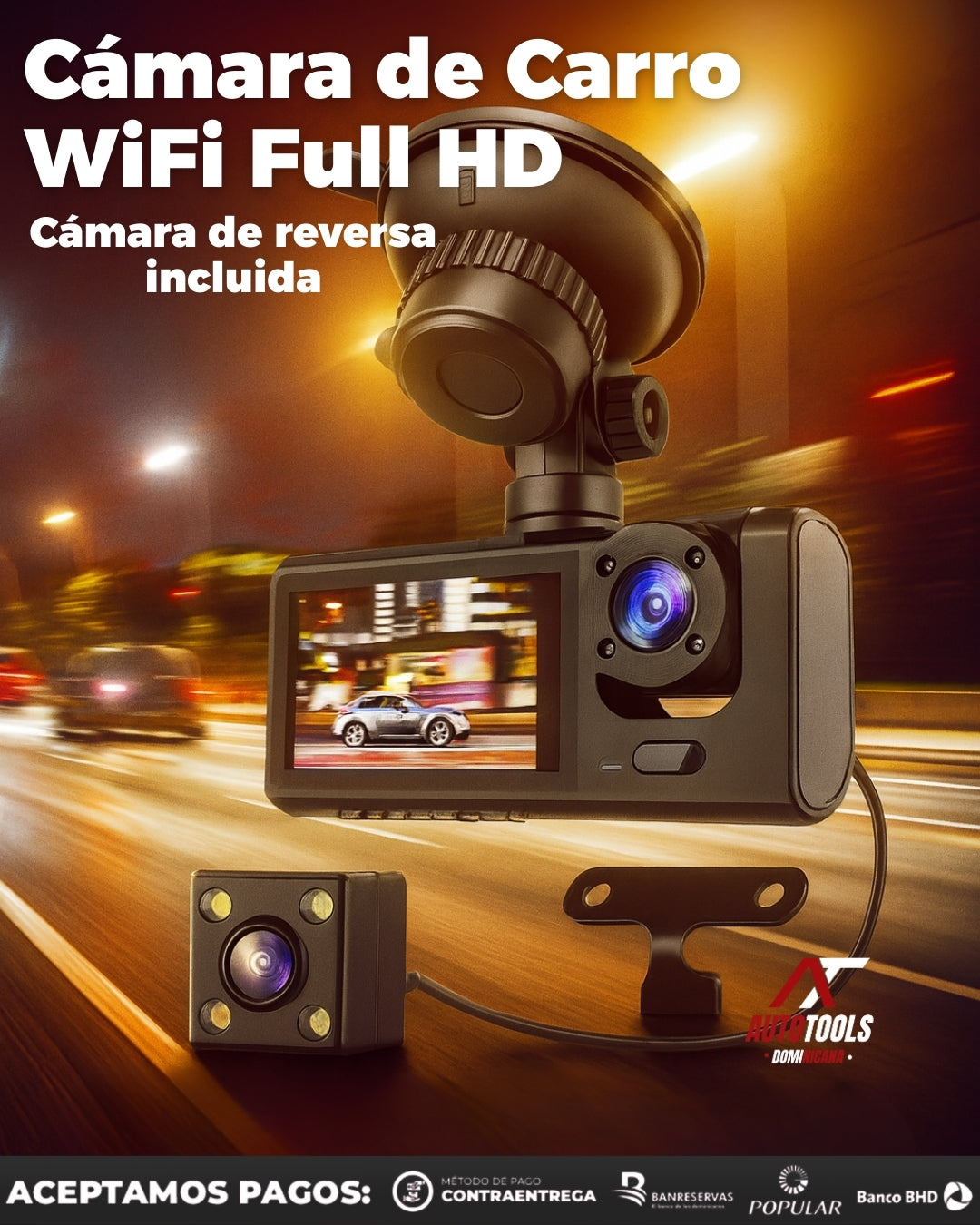 Cámara Profesional 3 en 1 para Vehículos versión WiFi para ver en el teléfono sin sacarle la memoria | Graba en Alta Definición delante, detrás y adentro