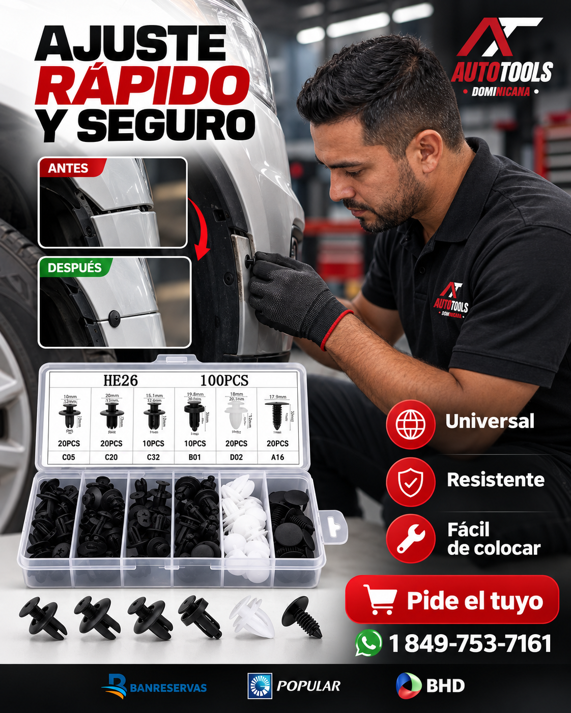 Kit de 100 Clips Automotrices | 6 Modelos para Fijar Paneles y Revestimientos