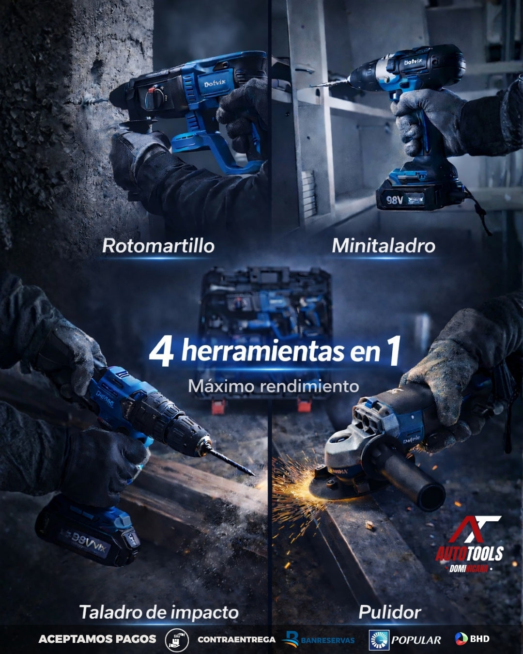 Set Profesional 5 en 1: Rotomartillo, Mini Taladro, Pistola de Impacto, Pulidora de Corte y Maletín marca Dotvix™ | 2 Baterías Recargables de 98v