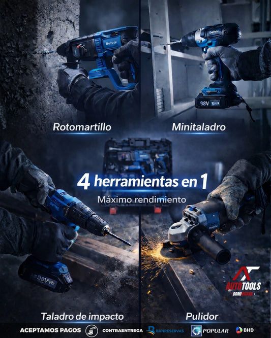 Set Profesional 5 en 1: Rotomartillo, Mini Taladro, Pistola de Impacto, Pulidora de Corte y Maletín marca Dotvix™ | 2 Baterías Recargables de 98v