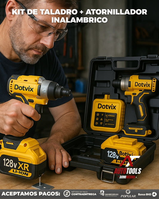 Kit Taladro Atornillador + Pistola de 128V | Dotvix PowerTools™ – Doble batería, doble potencia
