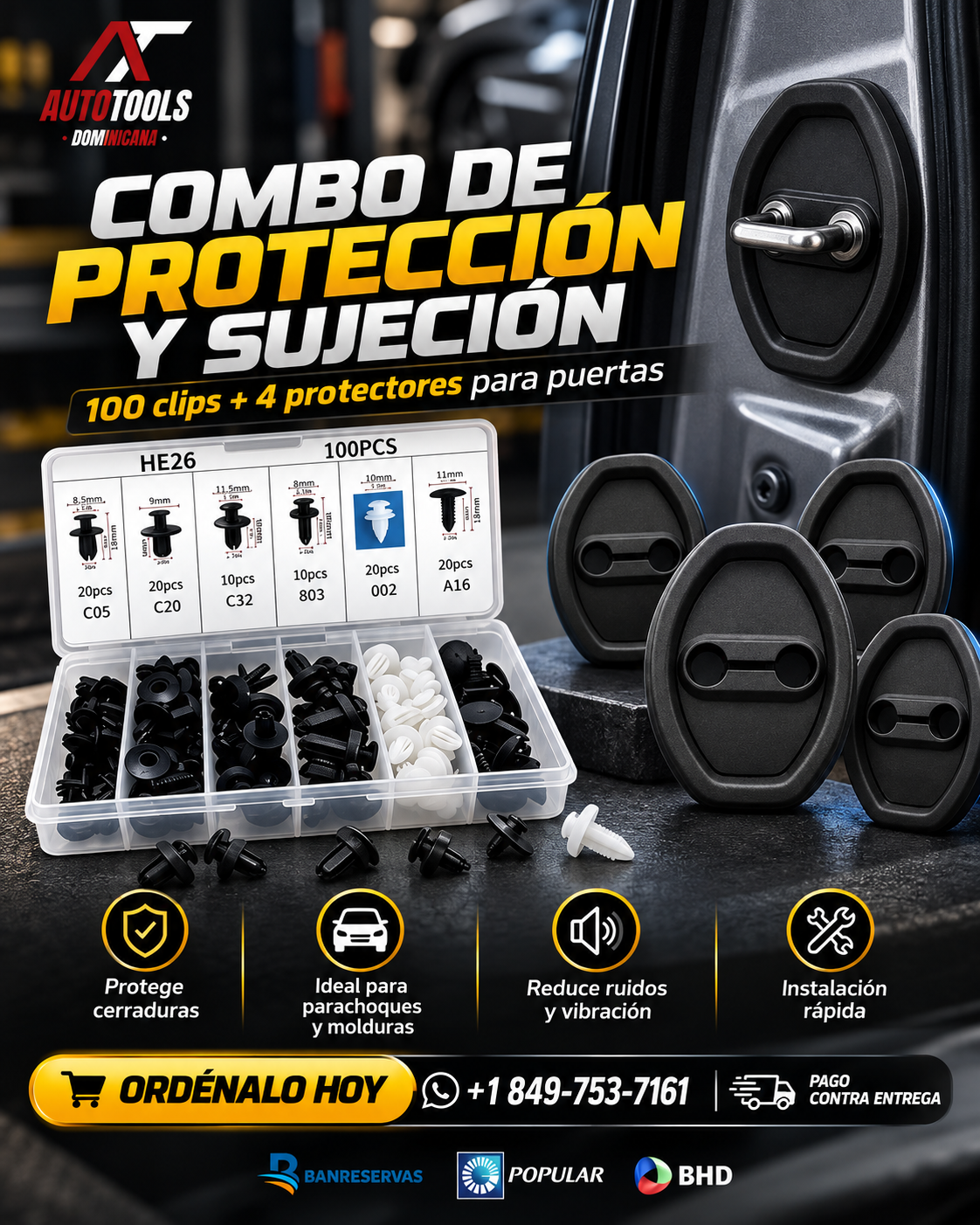 Combo de 100 Clips para Parachoques + 4 Protectores de Cerradura | Ajuste, Protección y Antirrayones.