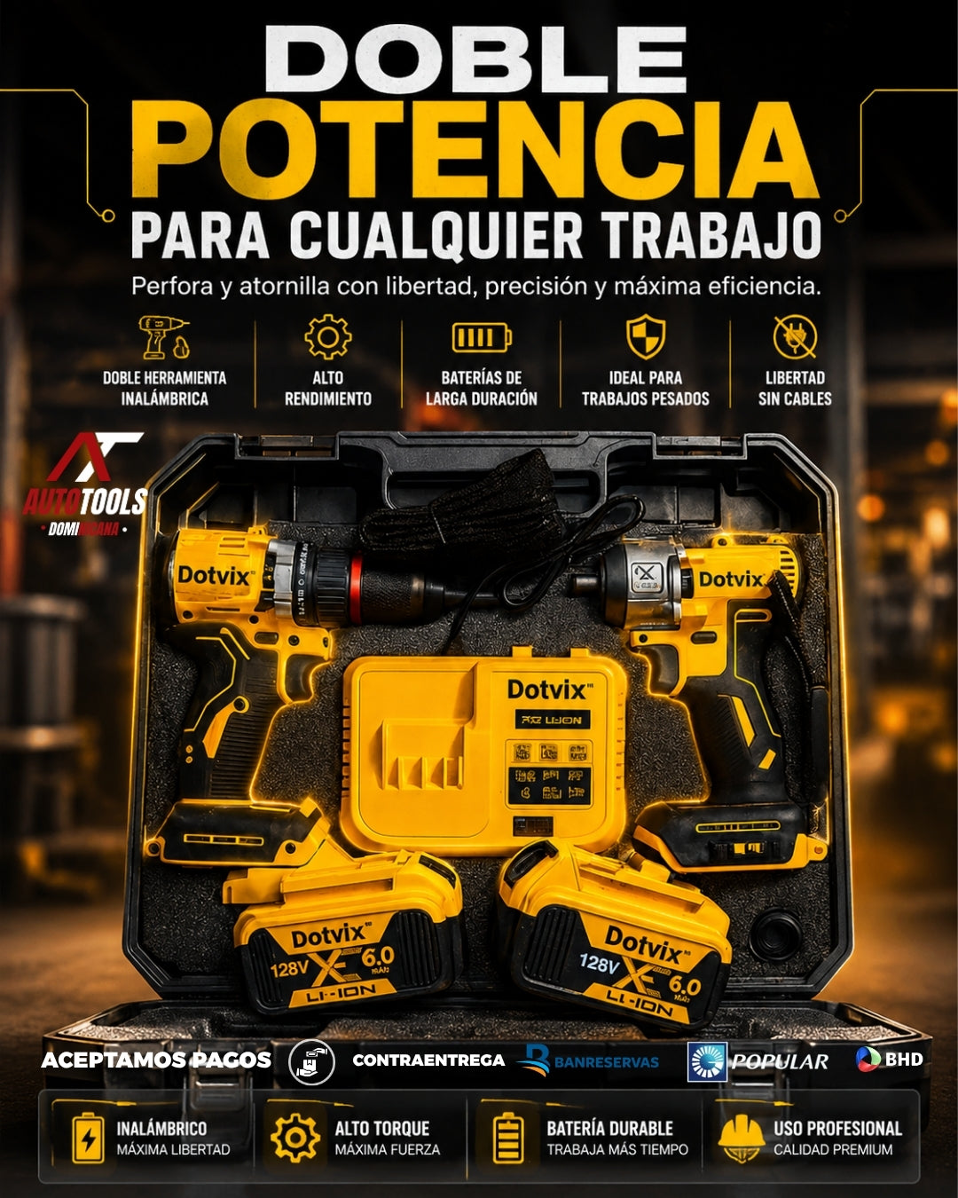Kit Taladro Atornillador + Pistola de Impacto 128V | Dotvix PowerTools™ – Doble batería, doble potencia