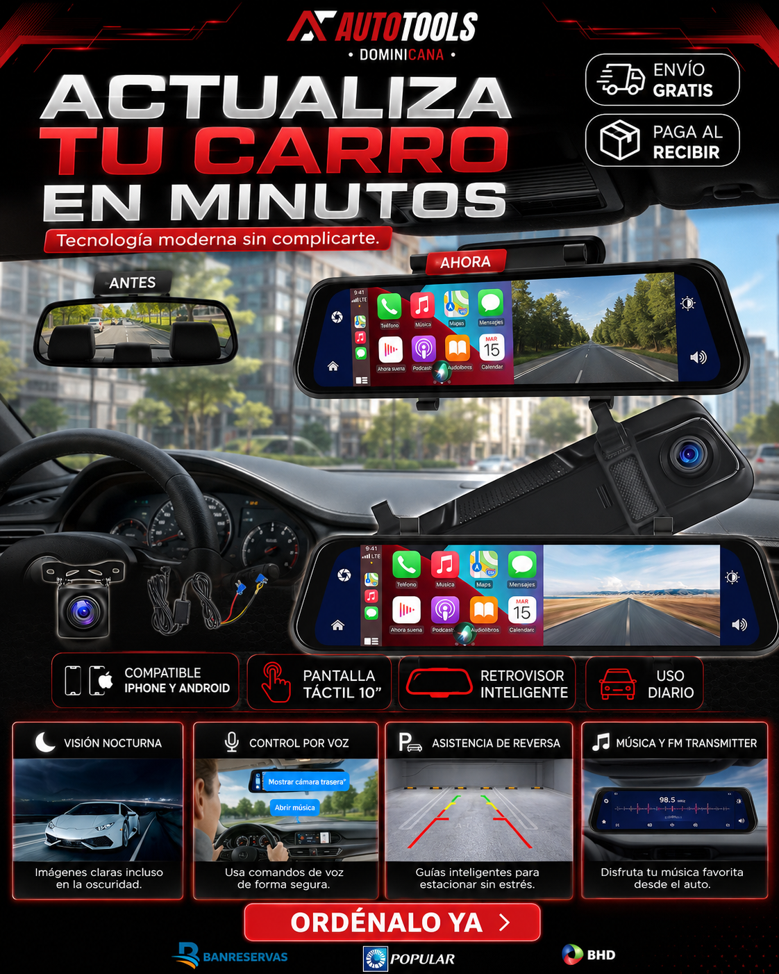 Retrovisor de 12", pantalla 4k con sistemas Carplay y Android Auto Integrados 2026 | Conecta tu Iphone y Android sin Cables!