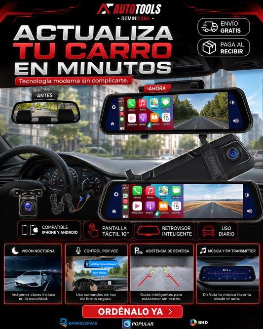 Retrovisor de 12", pantalla 4k con sistemas Carplay y Android Auto Integrados 2026 | Conecta tu Iphone y Android sin Cables!