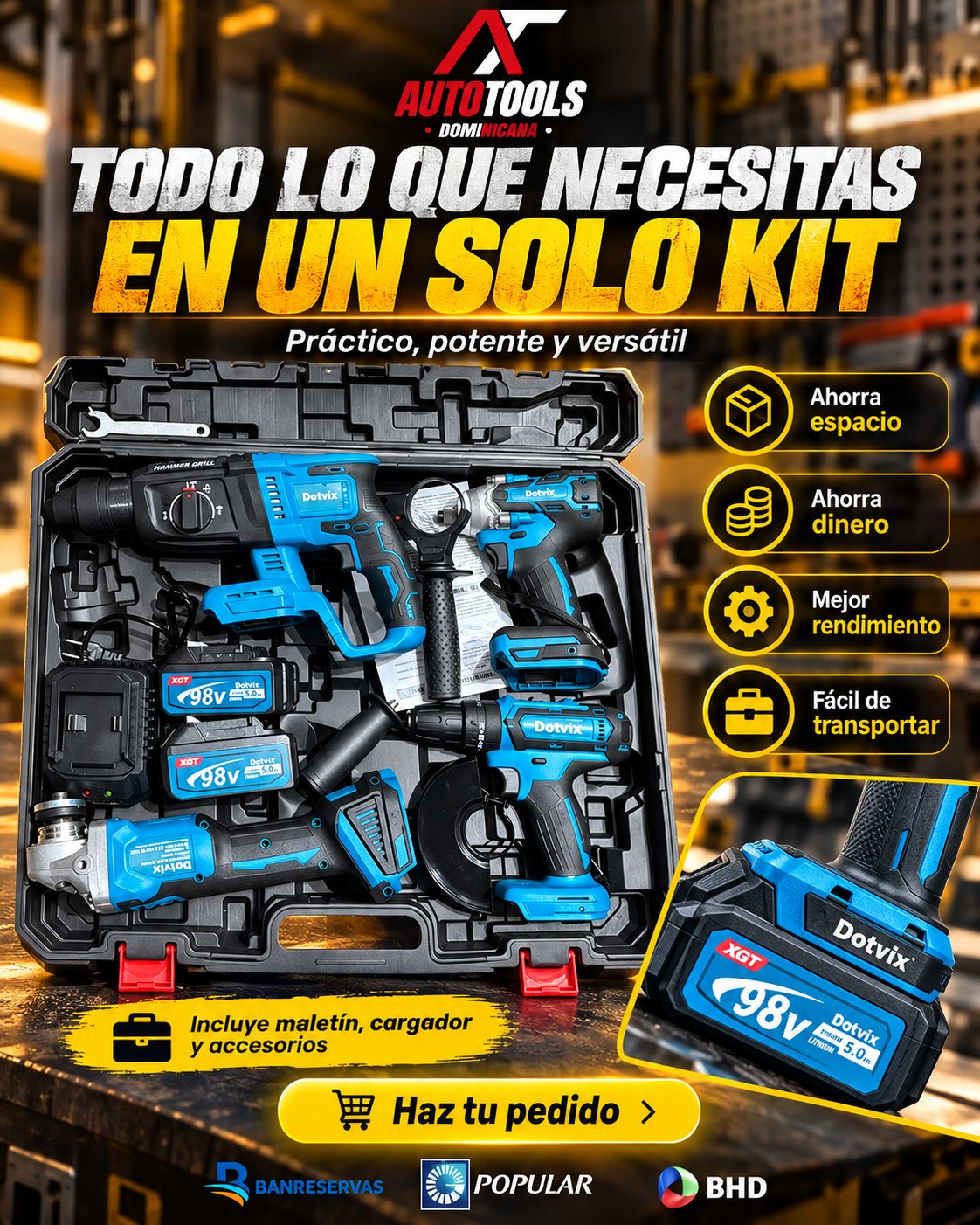 Set Profesional 5 en 1: Rotomartillo, Mini Taladro, Pistola de Impacto, Pulidora de Corte y Maletín marca Dotvix™ | 2 Baterías Recargables de 98v