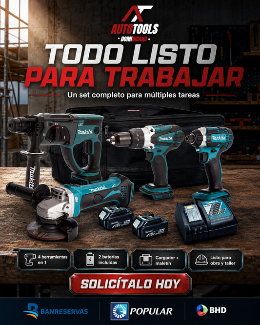 Set Profesional 5 en 1: Rotomartillo, Mini Taladro, Pistola de Impacto, Pulidora de Corte y Maletín marca Makita™ | 2 Baterías Recargables de 98v