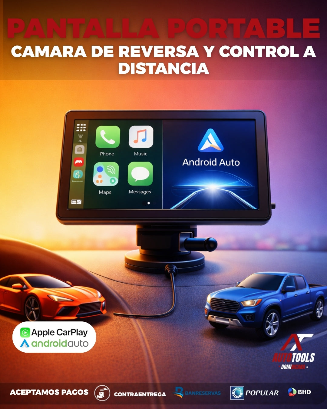 Pantalla portátil 7” con CarPlay y cámara de reversa | Convierte tu carro o moto en inteligente en minutos
