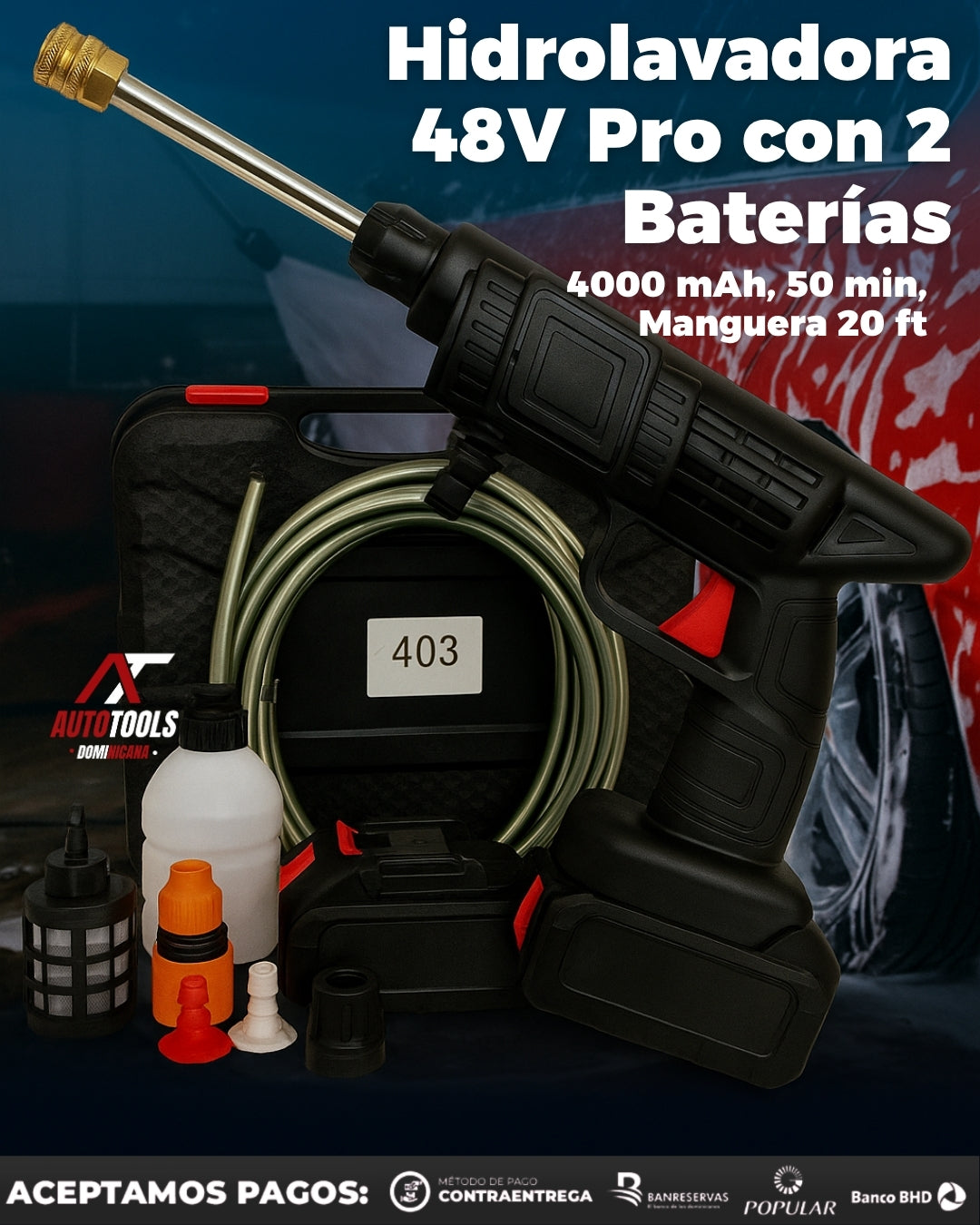 Hidrolavadora 48V Pro con 2 Baterías | 4000 mAh, 50 min, Manguera 20 ft