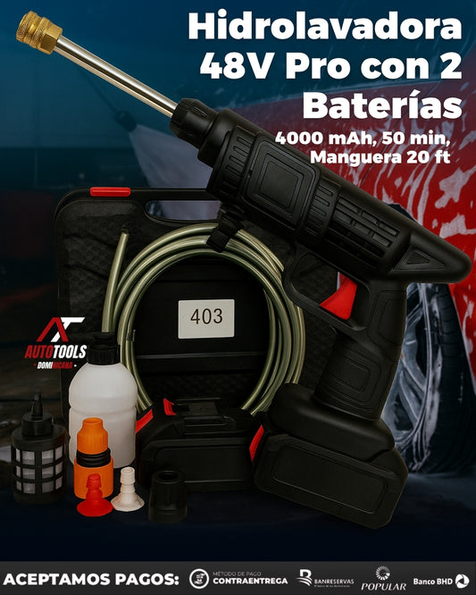 Hidrolavadora 48V Pro con 2 Baterías | 4000 mAh, 50 min, Manguera 20 ft