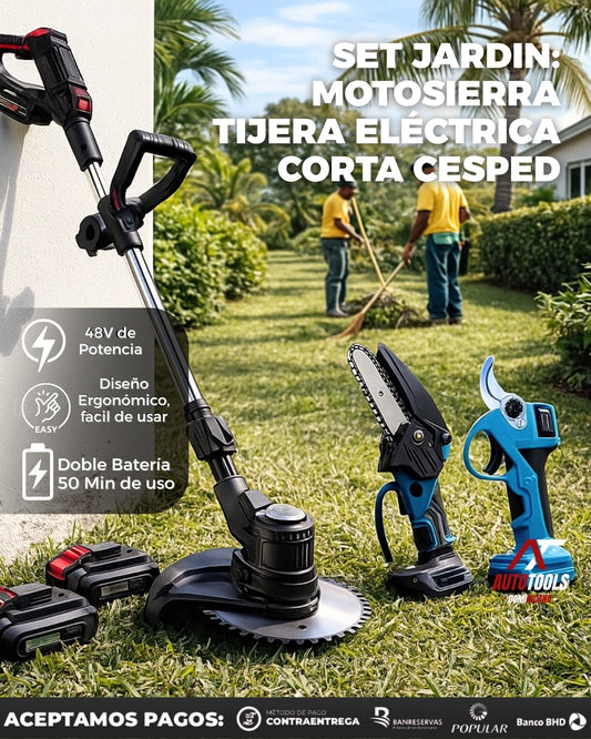 Set Jardinero 3 en 1: Motosierra, Tijera Eléctrica y Corta Cesped de 1 Disco | Dos Baterias 48V