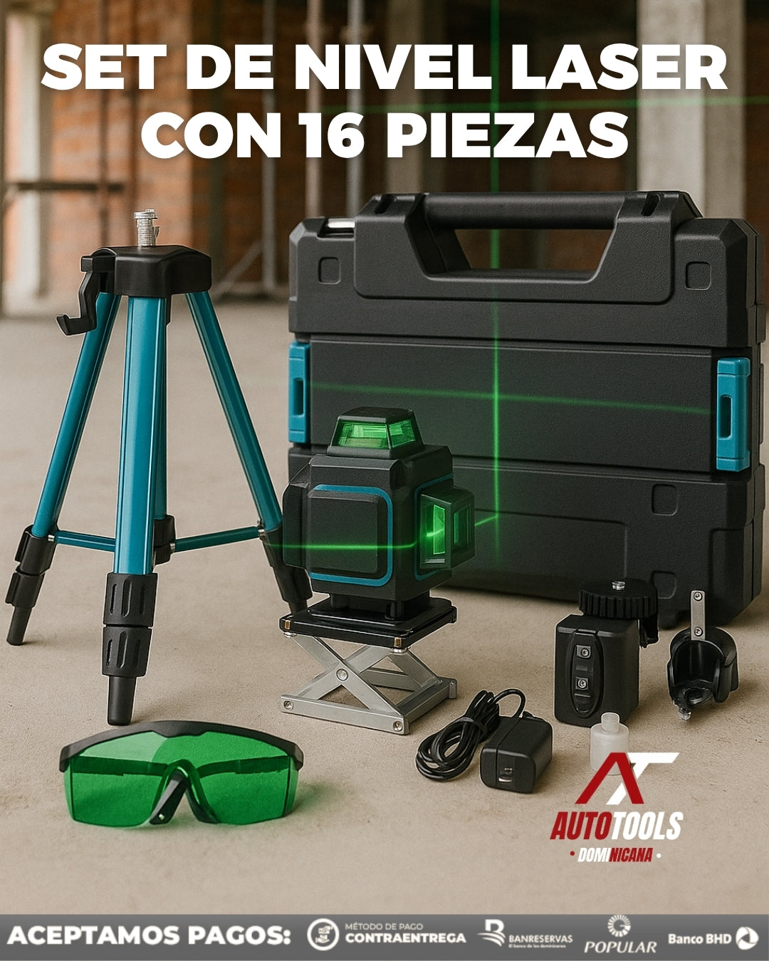 Nivel Láser 4D Verde 16 Líneas 360° | Set 16 Piezas con Trípode, Estuche y Autonivelante
