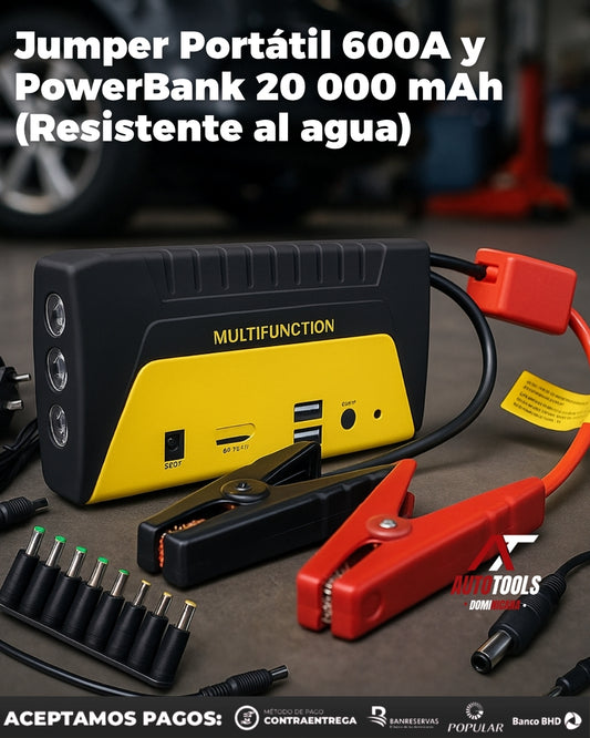 Jumper Portátil 600A + PowerBank 20,000 mAh | 12V con Linterna SOS IP66(Resistente al agua)
