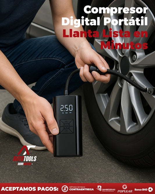 Compresor Digital Portátil 150 PSI | Llanta lista en minutos sin esfuerzo