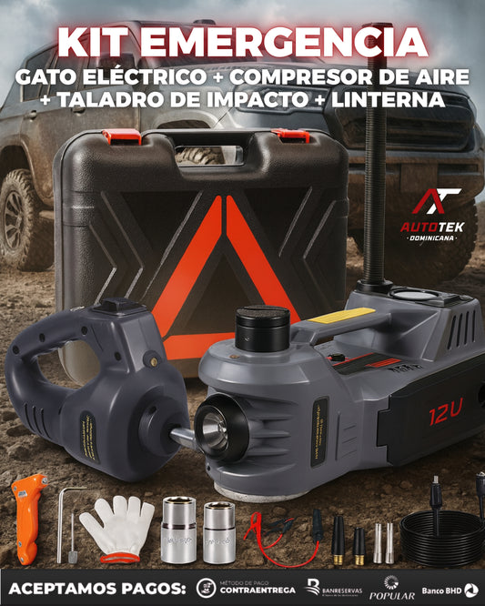 Kit de Emergencia: Gato Hidráulico Eléctrico 5T + Compresor de Aire + Taladro de Impacto + Linterna AutoTek™