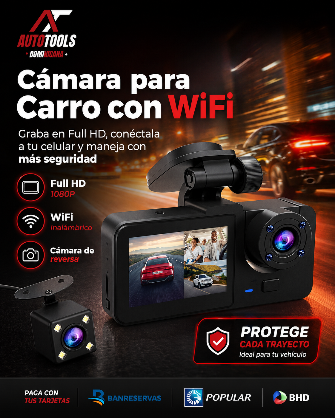 Cámara Profesional 3 en 1 para Vehículos versión WiFi para ver en el teléfono sin sacarle la memoria | Graba en Alta Definición delante, detrás y adentro