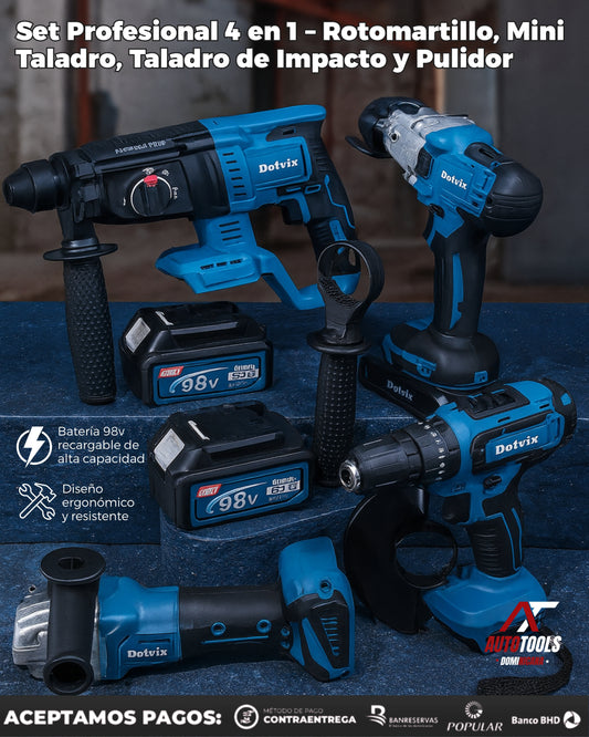 Set Profesional 5 en 1: Rotomartillo, Mini Taladro, Pistola de Impacto y Pulidora de Corte y Maletín marca Dotvix™ | 2 Baterías Recargables de 48v