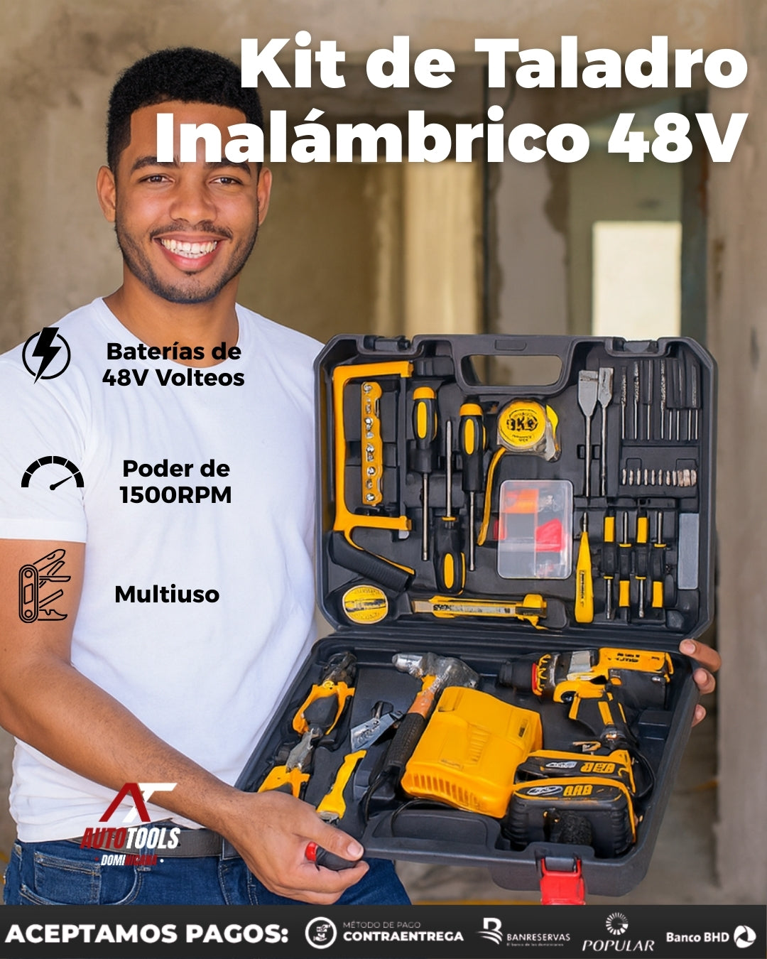 Kit de Taladro Inalámbrico 48V PowerDrill™ | 1,500 RPM, 40 N.m, 6,500 ipm | Kit de Herramientas duraderas de alta Calidad