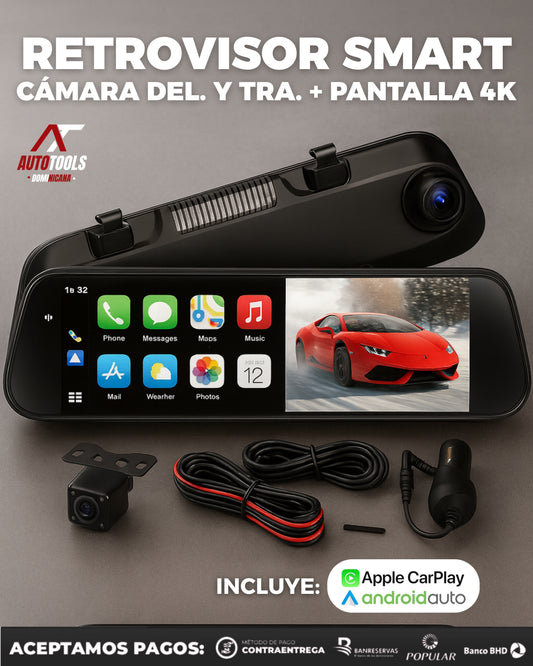 Retrovisor Inteligente | Sistemas Carplay y Android Auto Integrados 2025 | Pantalla 4k de 12" | Conecta tu Iphone y Android sin Cables!