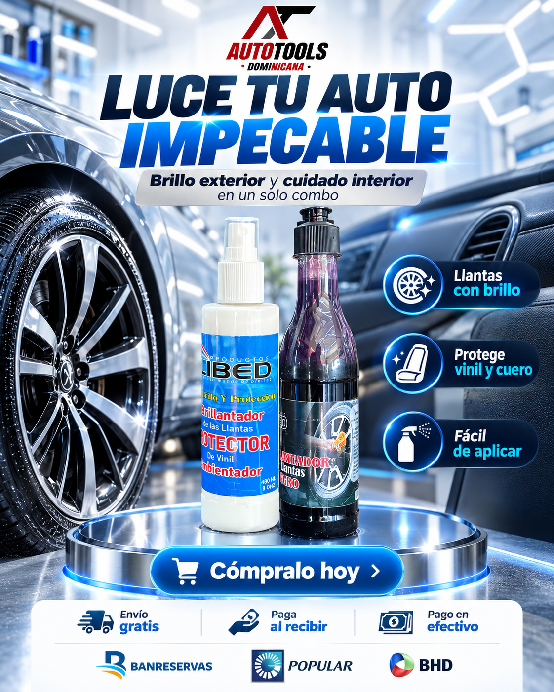 Combo de Cuidado Automotriz para Llantas e Interiores | Abrillantador de Llantas + Protector para Leather, Vinil y Superficies del Vehículo